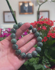 Baikalla Natural Vibrant Green & Black Wuji Jadeite Jade Round Bead Bracelet (13mm)