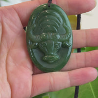 Natural Jade 12 Zodiac: Nephrite Jade Ox Pendant Necklace in Deep Green