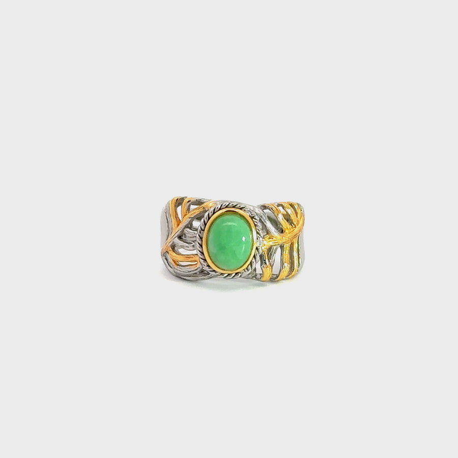 Baikalla Antique Natural Jadeite Jade Sterling Silver Gold Plated Two Tone Ring