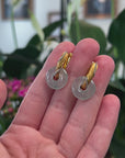 Baikalla Natural Icy Light Green Jadeite Jade "Ping An Kou" Dangle Earrings W/ 18ky Gold & Natural Diamonds