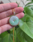 14K Yellow Gold "Good Luck Button" Necklace Green Jadeite Jade Lucky KouKou Pendant Necklace