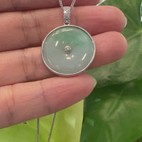 14K White Gold "Good Luck Button" Necklace Ice Green Jadeite Jade Lucky KouKou Pendant Necklace