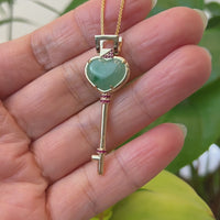 Baikalla™ "Heart Key" 14k Yellow Gold Genuine Burmese Jadeite Key Pendant Necklace With Ruby
