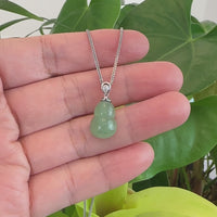 Natural Green Jadeite Jade "Magic Bottle Gourd" Hulu Necklace With 14k White Gold Diamond Bail