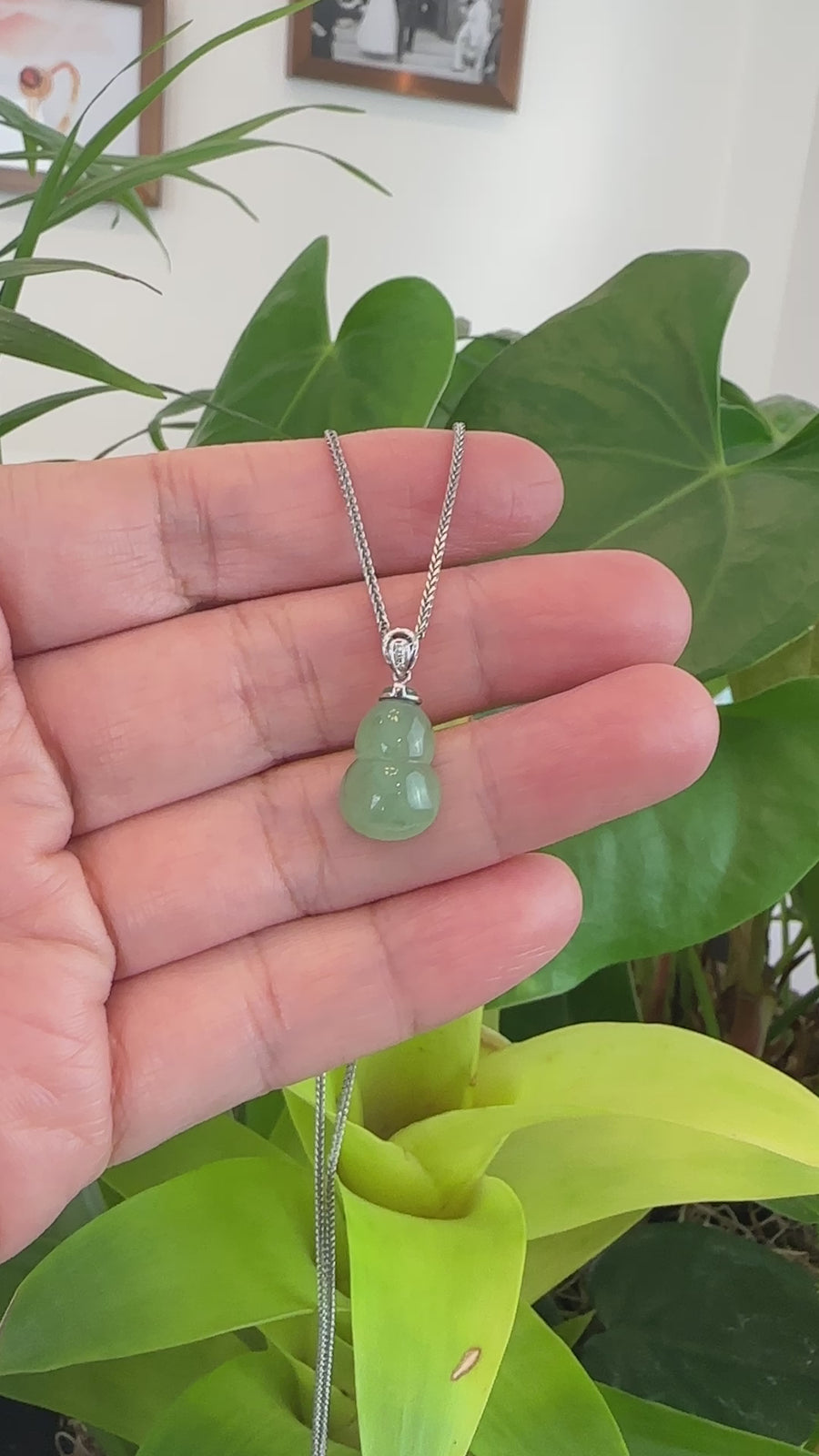 Natural Green Jadeite Jade "Magic Bottle Gourd" Hulu Necklace With 14k White Gold Diamond Bail