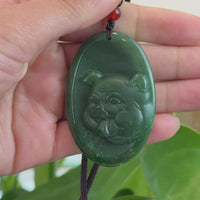 Natural Jade 12 Zodiac: Nephrite Jade Hog Pendant Necklace in Deep Green
