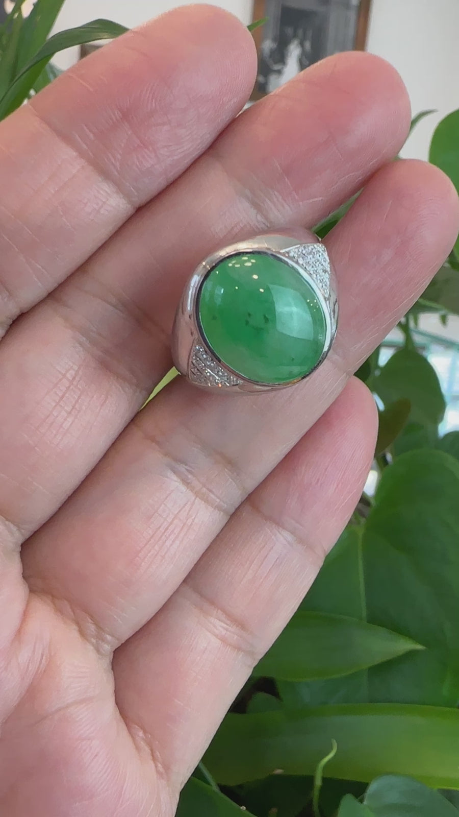 Baikalla 18k White Gold Imperial Green Jadeite Jade Men's Ring With VS1 Diamonds