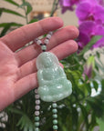 Baikalla Light Green Guan Yin "Goddess of Compassion" Jadeite Jade Carving Pendant W/ Beaded Necklace