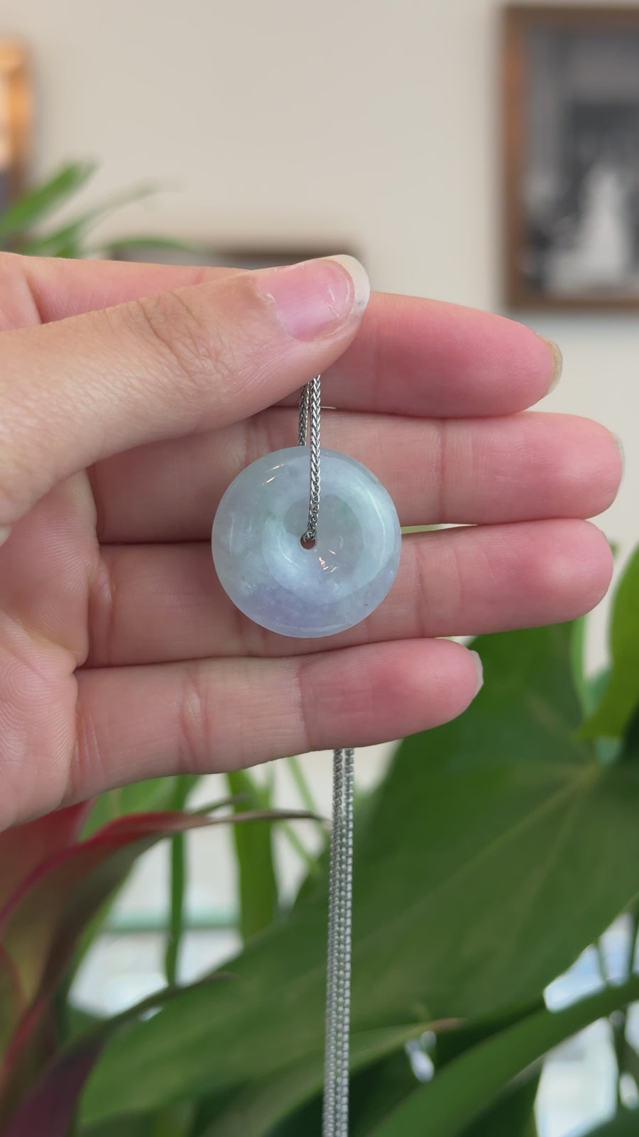 "Good Luck Button" Necklace Lavender Jadeite Jade Lucky Ping An Kou Pendant