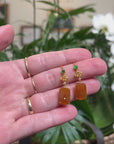 Baikalla 18ky Gold Natural Burmese Reddish Orange Jadeite Jade Square Kou Kou Dangle Earrings w/ Natural Diamonds & Imperial Jade