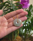 Baikalla "Ping An Kou" (Good Luck Button) Light Blue-Green W/ Yellow Patch Jadeite Jade Pendant Necklace
