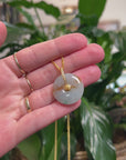 Baikalla Natural Icy Blue-Green & Sajin (Golden Dust) Flowers Jadeite Jade "Ping An Kou" (Good Luck Button) Pendant W/ 18ky Gold Bail & Natural Diamonds