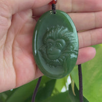 Natural Jade 12 Zodiac: Nephrite Jade Monkey Pendant Necklace in Deep Green