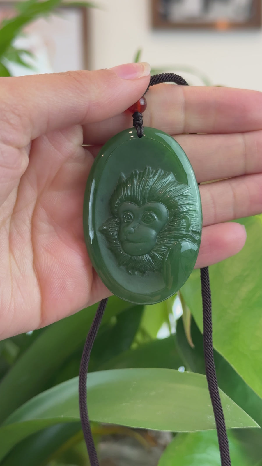 Natural Jade 12 Zodiac: Nephrite Jade Monkey Pendant Necklace in Deep Green
