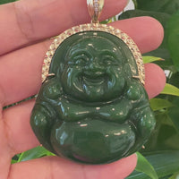 Baikalla™ "Laughing Buddha" Large 14k Yellow Gold Genuine Nephrite Green Jade with Diamonds Buddha Pendant Necklace High-end Collectable