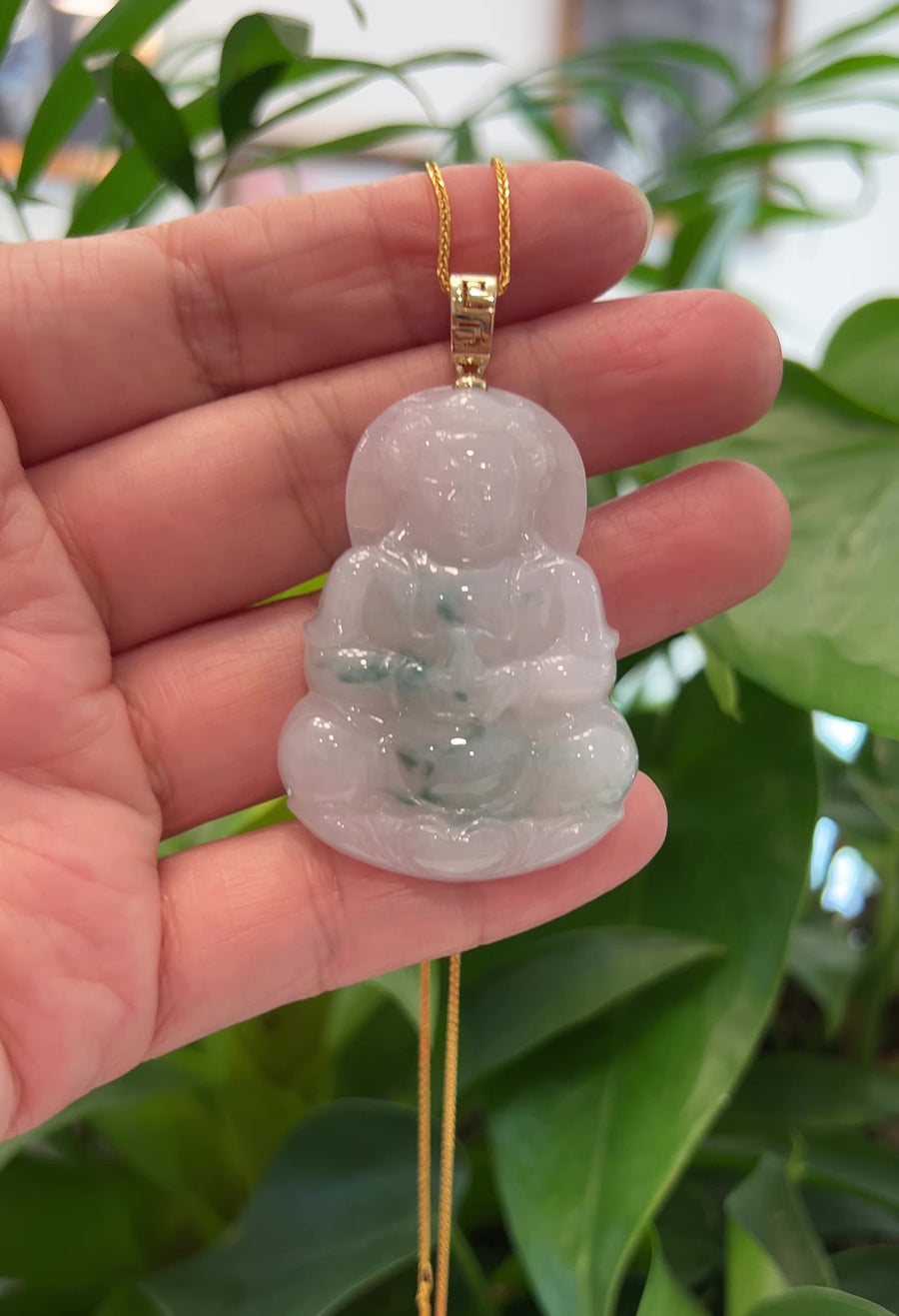 "Goddess of Compassion" Genuine Burmese Ice Blue Jadeite Jade Guanyin Necklace With Good Luck Design 14k Yellow Gold Bail