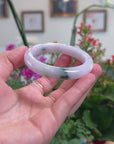 High-End Natural Icy Light Pink-Lavender W/ Deep Green Flowers Jadeite Jade Bangle Bracelet (54.7mm) 