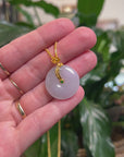 Baikalla 18K Yellow Gold "Ping An Kou" (Good Luck Button) Natural White-Lavender W/ Faint Green Patch Jadeite Jade Pendant W/ Natural Diamond