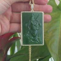 "Guangong" Large 14k Yellow Gold Genuine Apple Green Nephrite Jade with VS1 Diamonds Pendant Necklace