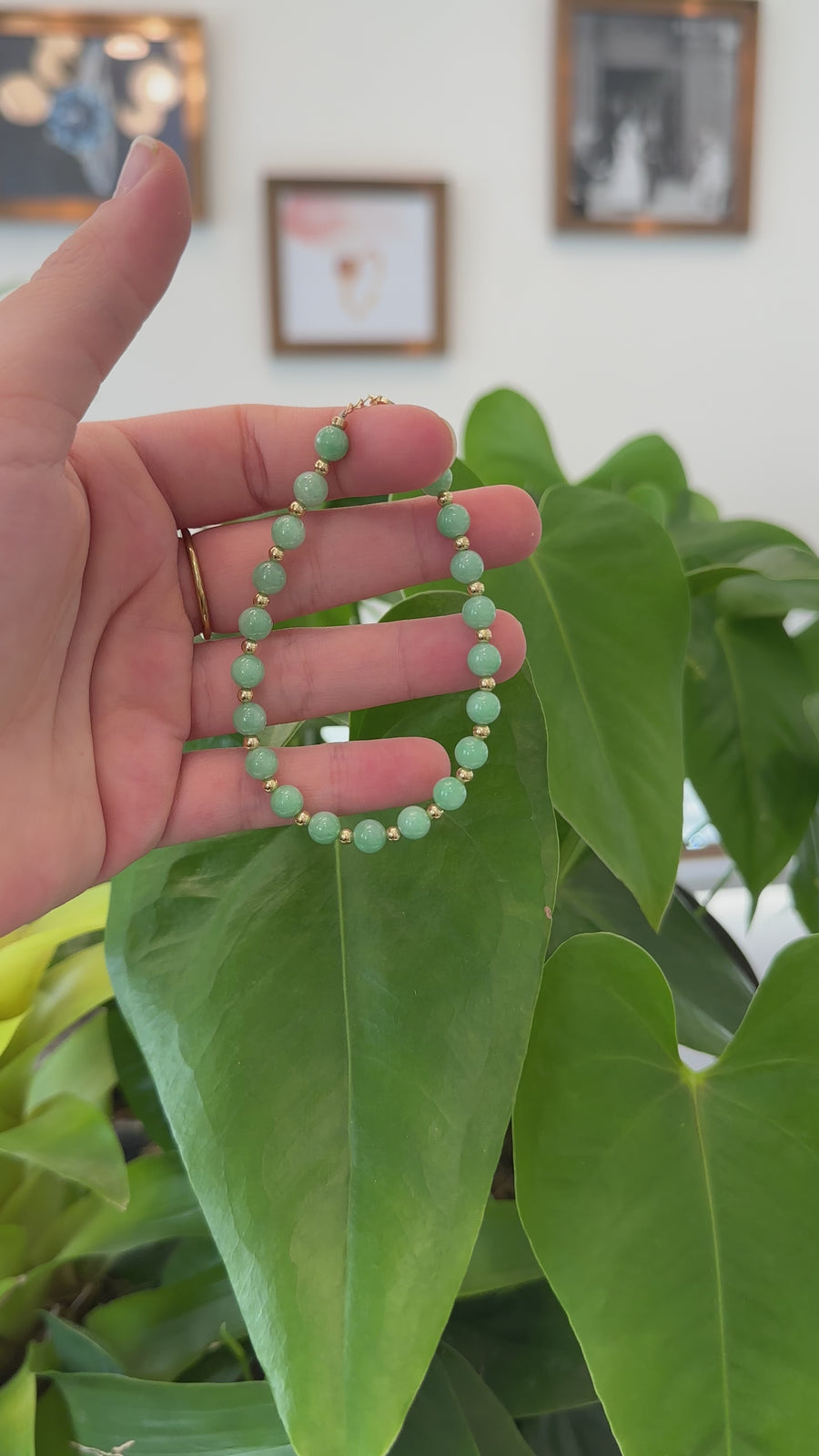 Baikalla Genuine Green Jadeite Jade Round Beads Bracelet With 18K Yellow Gold Clasp and Gold Beads ( 6 mm )