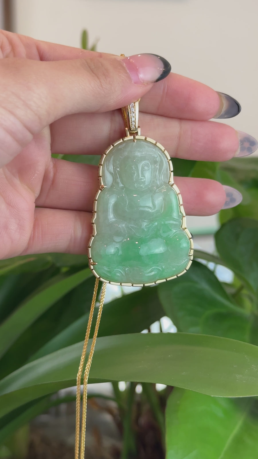 "Goddess of Compassion" 14k Yellow Gold Genuine Burmese Jadeite Jade Guanyin Necklace