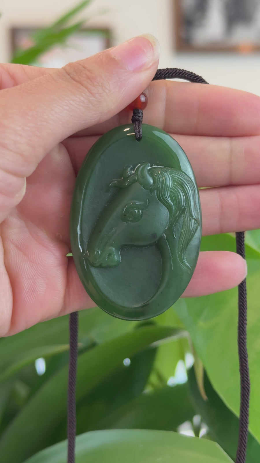 Natural Jade 12 Zodiac: Nephrite Jade Horse Pendant Necklace in Deep Green