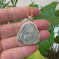 Baikalla 14K Yellow Gold Genuine Burmese Ice Jadeite Jade Buddha Pendant with VS1 Diamonds High Jewelry