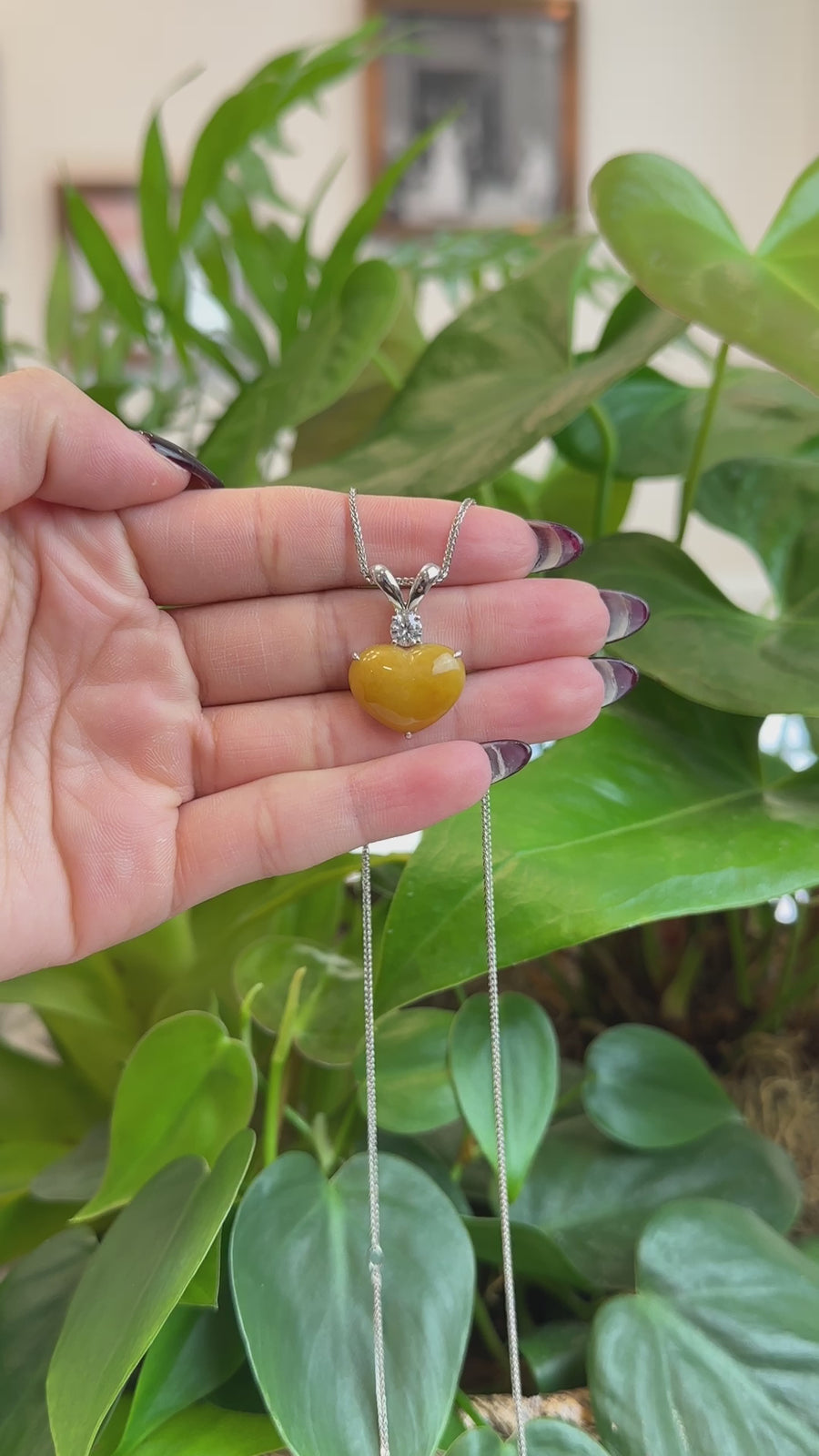 Baikalla 14K Gold Genuine Burmese Yellow Jadeite Jade Heart Pendant with Moissanite