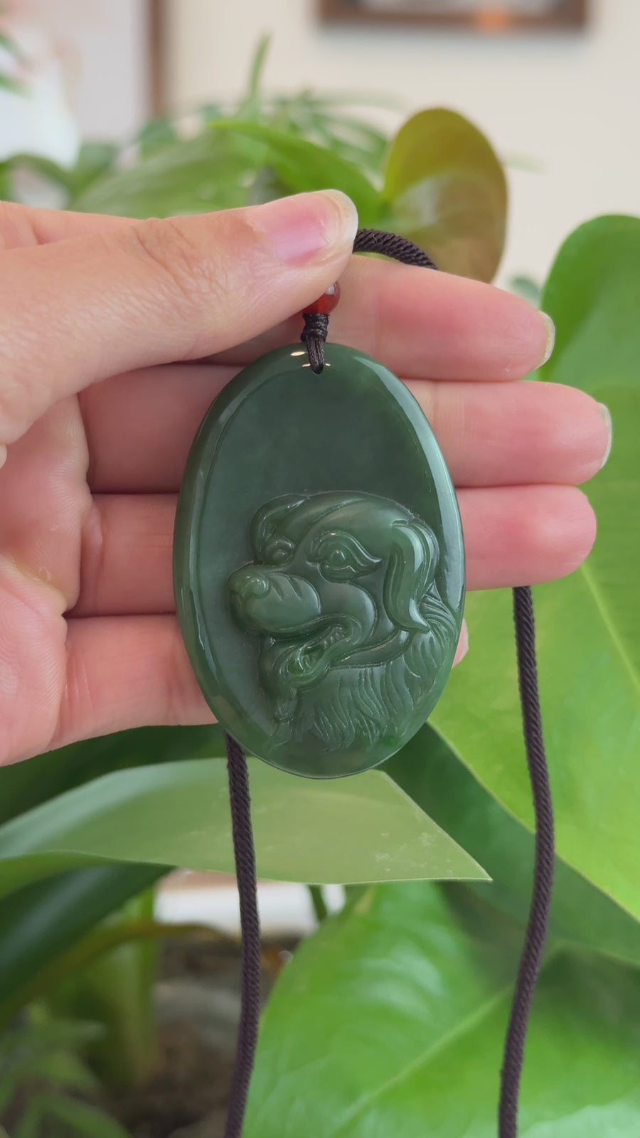 Natural Jade 12 Zodiac: Nephrite Jade Dog Pendant Necklace in Deep Green
