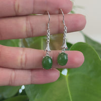 Sterling Silver Genuine Nephrite Green Jade Diamond Dangle Earrings