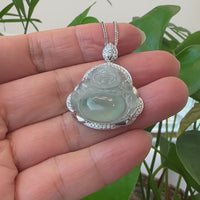 Baikalla 14K White Gold Genuine Burmese Ice Jadeite Jade Buddha Pendant with VS1 Diamonds High Jewelry