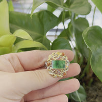 Baikalla "Antique Style" Sterling Silver Gold Plated Jadeite Jade Adjustable Ring With Agate Accents