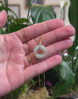 Baikalla Natural Light Green W/ Sajin (Golden Dust) Jadeite Jade "Ping An Kou" (Good Luck Button) Pendant Necklace