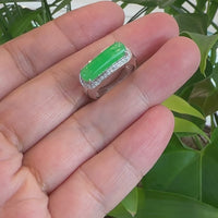 Baikalla 18k White Natural Imperial Green Jadeite Jade Men's Rectangle Signet Ring