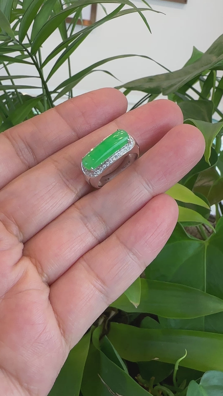 Baikalla 18k White Natural Imperial Green Jadeite Jade Men's Rectangle Signet Ring