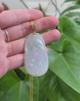 Genuine Ice Lavender Jadeite Jade RuYi Pendant Necklace With 18K Gold Bail