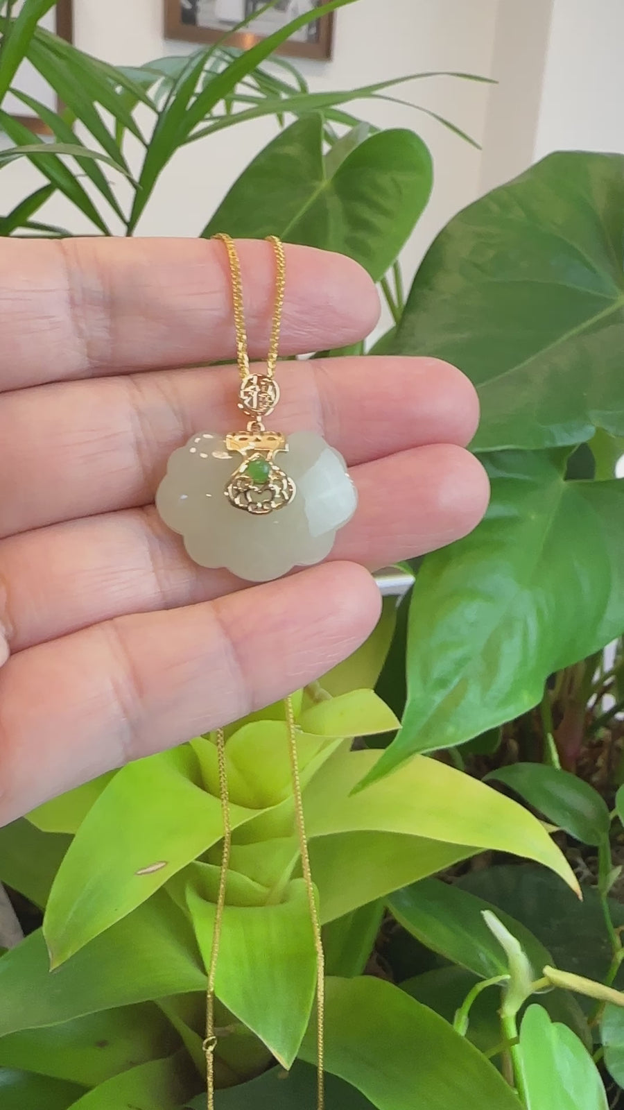Genuine White Jade RuYi Pendant Necklace  with 14K Yellow Solid Gold Bail