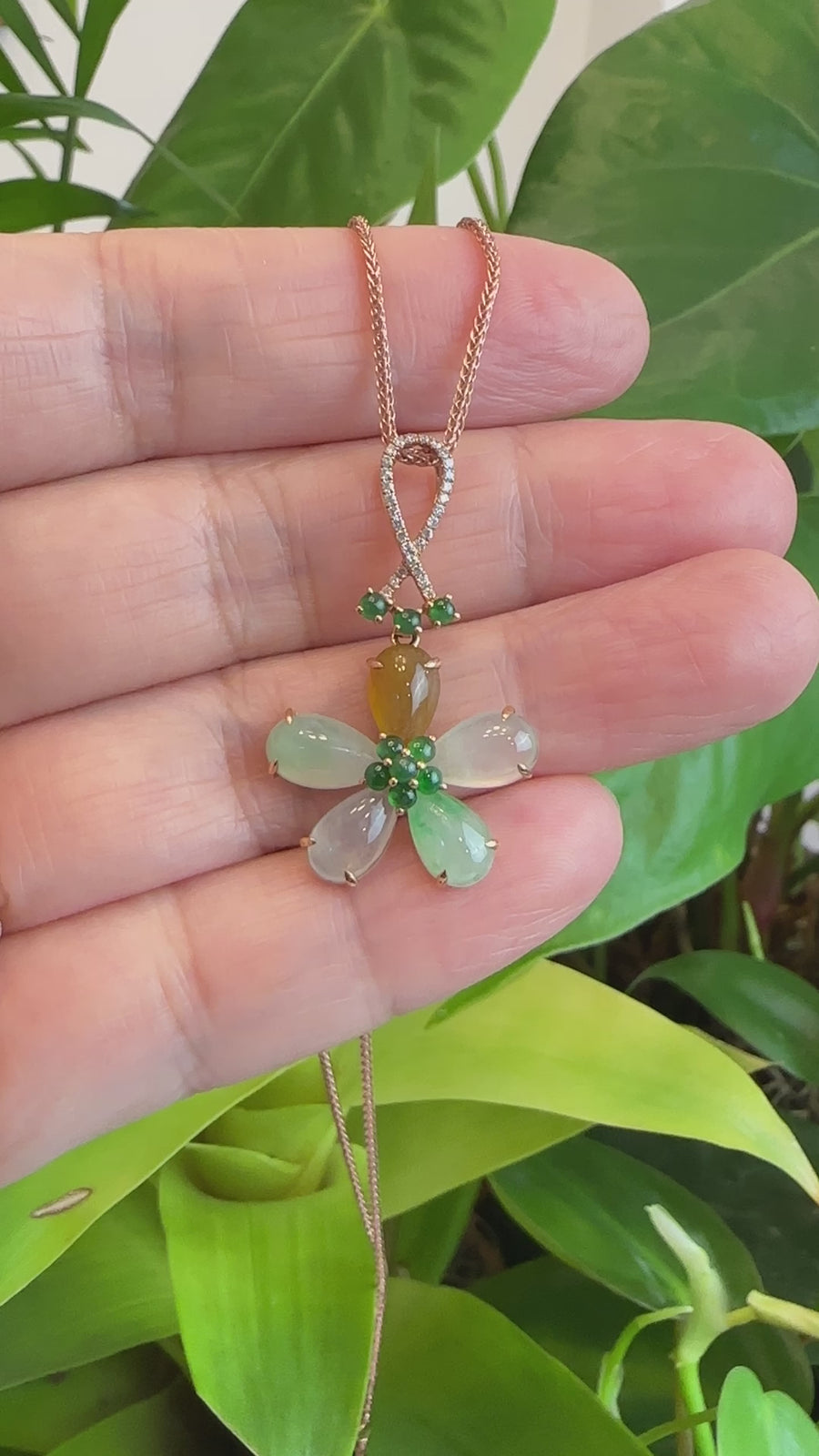 18k Rose Gold Genuine Mixed Color Burmese Jadeite Lucky Flower Necklace