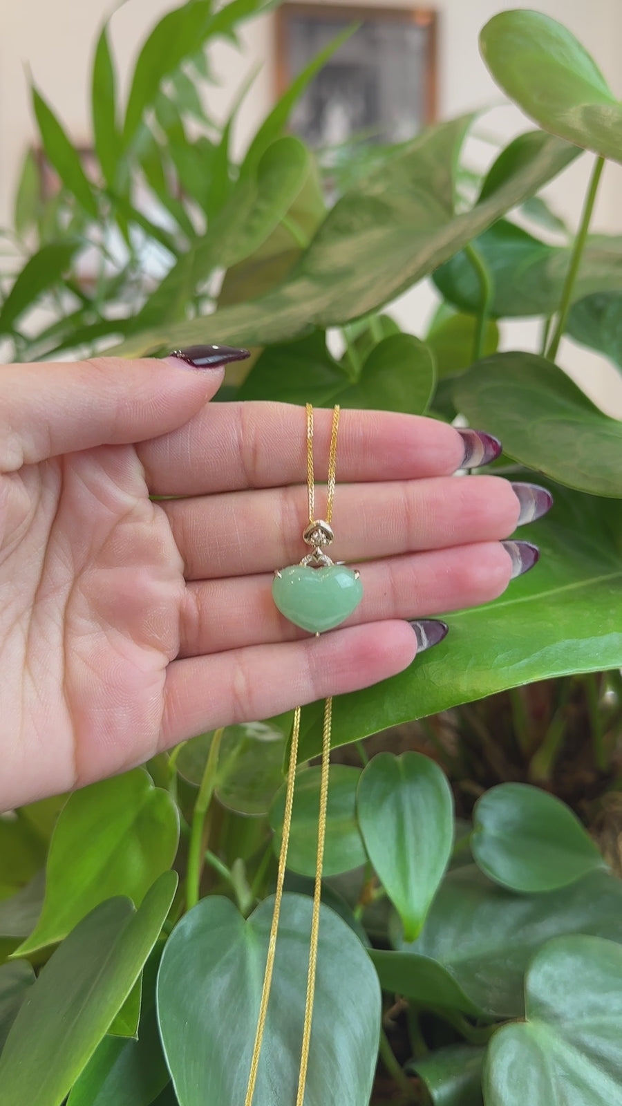Baikalla 14K Yellow Gold Genuine Burmese Green Jadeite Jade Heart Pendant with VS1 Diamonds