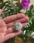 Baikalla "Ping An Kou" (Good Luck Button) Light Icy White W/ Blue-Green Flower Patch Jadeite Jade Pendant Necklace
