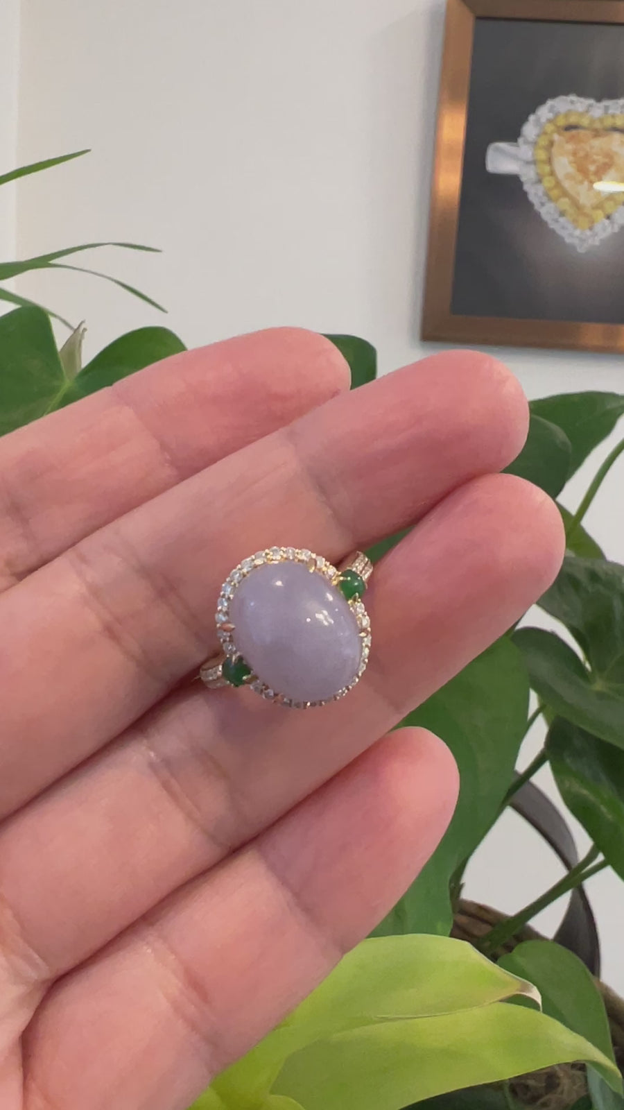 14k Yellow Gold Natural Lavender Oval Jadeite Jade Engagement Ring With Diamonds