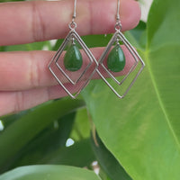 Sterling Silver Genuine Nephrite Green Jade Oval Dangle Earrings