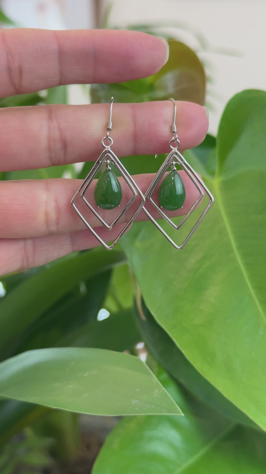 Sterling Silver Genuine Nephrite Green Jade Oval Dangle Earrings