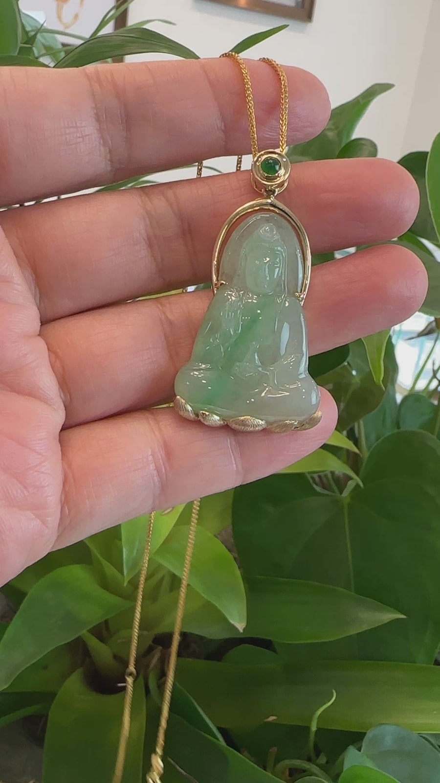 Baikalla 14k "Goddess of Compassion" Genuine Burmese Jadeite Jade Guanyin Necklace