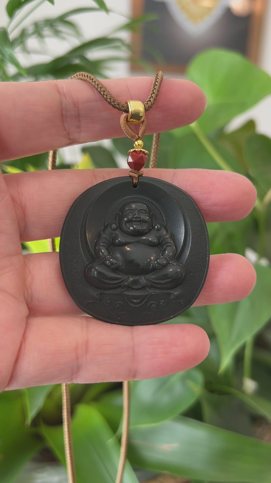 Baikalla™ "Happy Buddha" Genuine Black Jade Pendant Necklace With Adjustable String