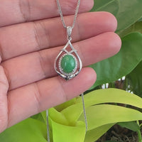 14K White Gold Oval Imperial Jadeite Jade Cabochon Necklace with VS1 Diamonds