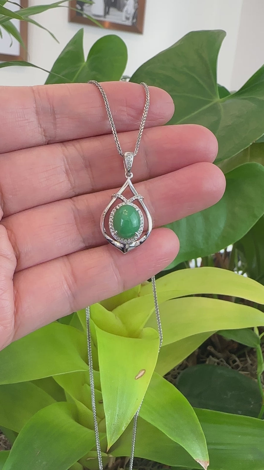 14K White Gold Oval Imperial Jadeite Jade Cabochon Necklace with VS1 Diamonds