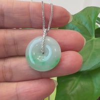 18K White Gold "Good Luck Button" Necklace Ice Green Jadeite Jade Pendant Necklace