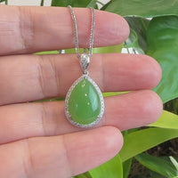 14K White Gold Genuine Green Apple Green Jade Tear Drop Pendant Necklace With VS1 Diamond