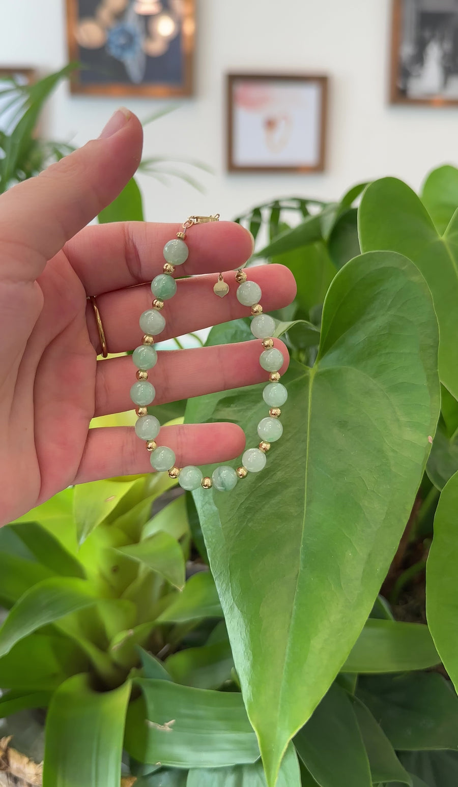 Baikalla Genuine Ice Light Green Jadeite Jade Round Beads Bracelet With 18K Yellow Gold Clasp and Gold Beads ( 7.8 mm )